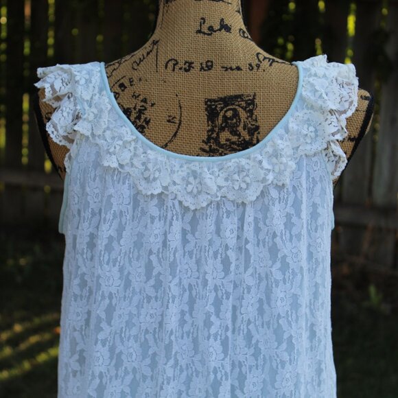 Vtg 50s Miss Siren Blue Nylon Ivory Lace Sleeveless Peignoir Nightgown Women's S - Picture 4 of 7